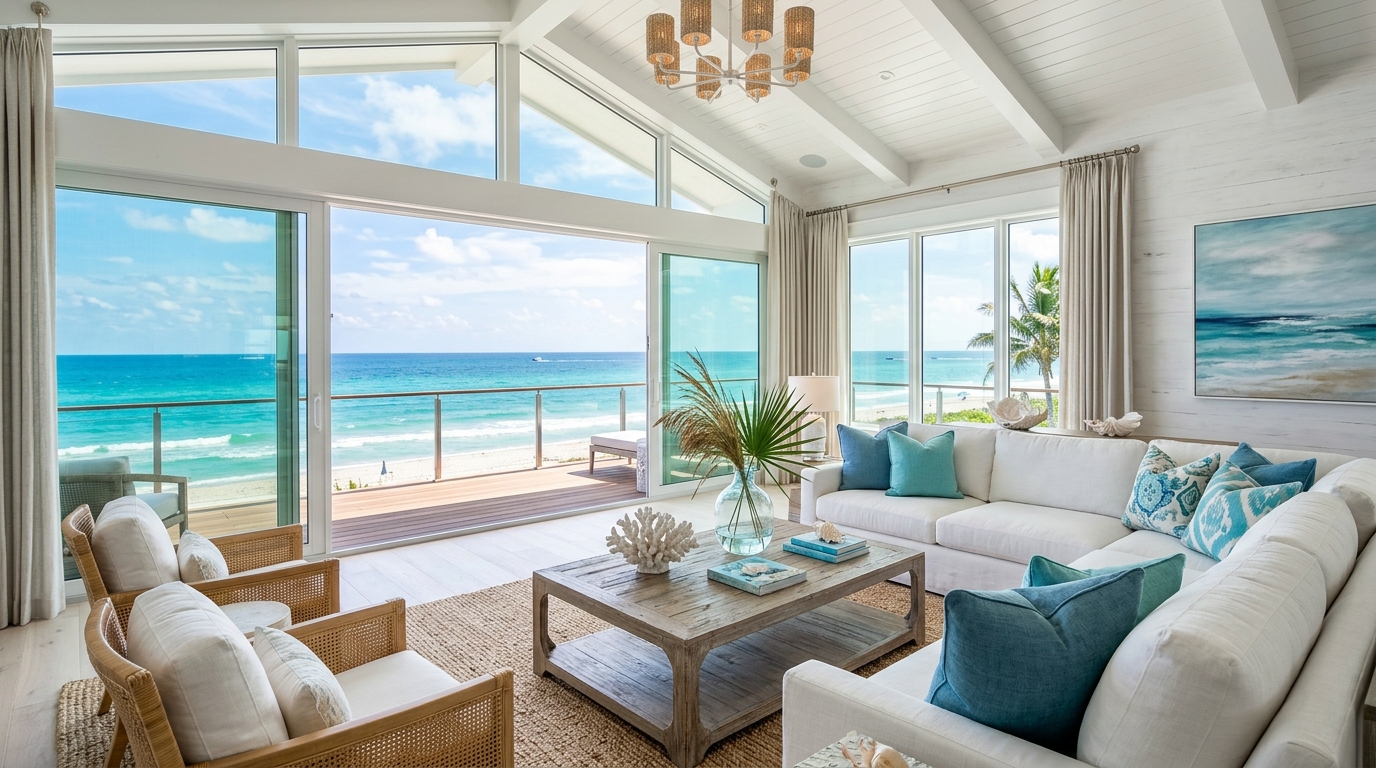 Bright, airy living room of a luxury Florida beach house
