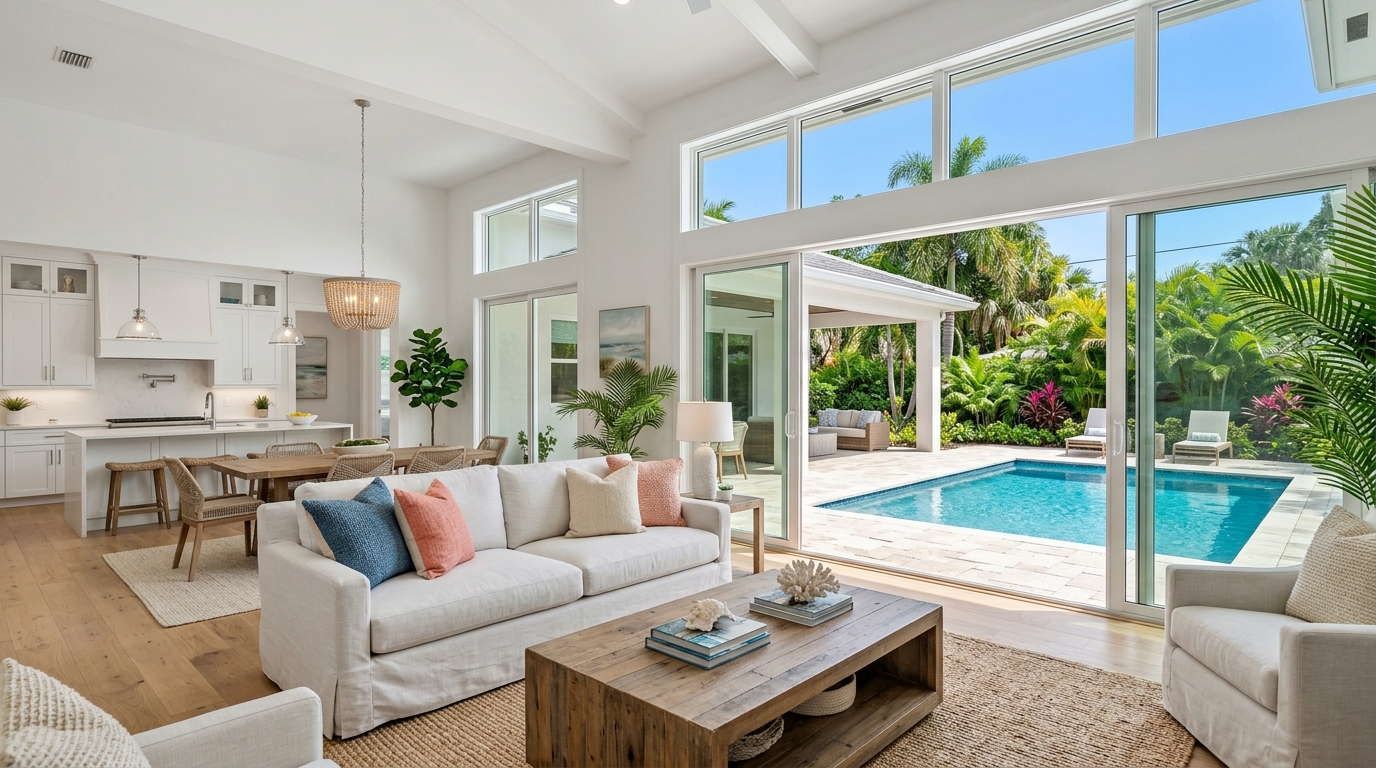 Bright interior of a Florida house with pool view